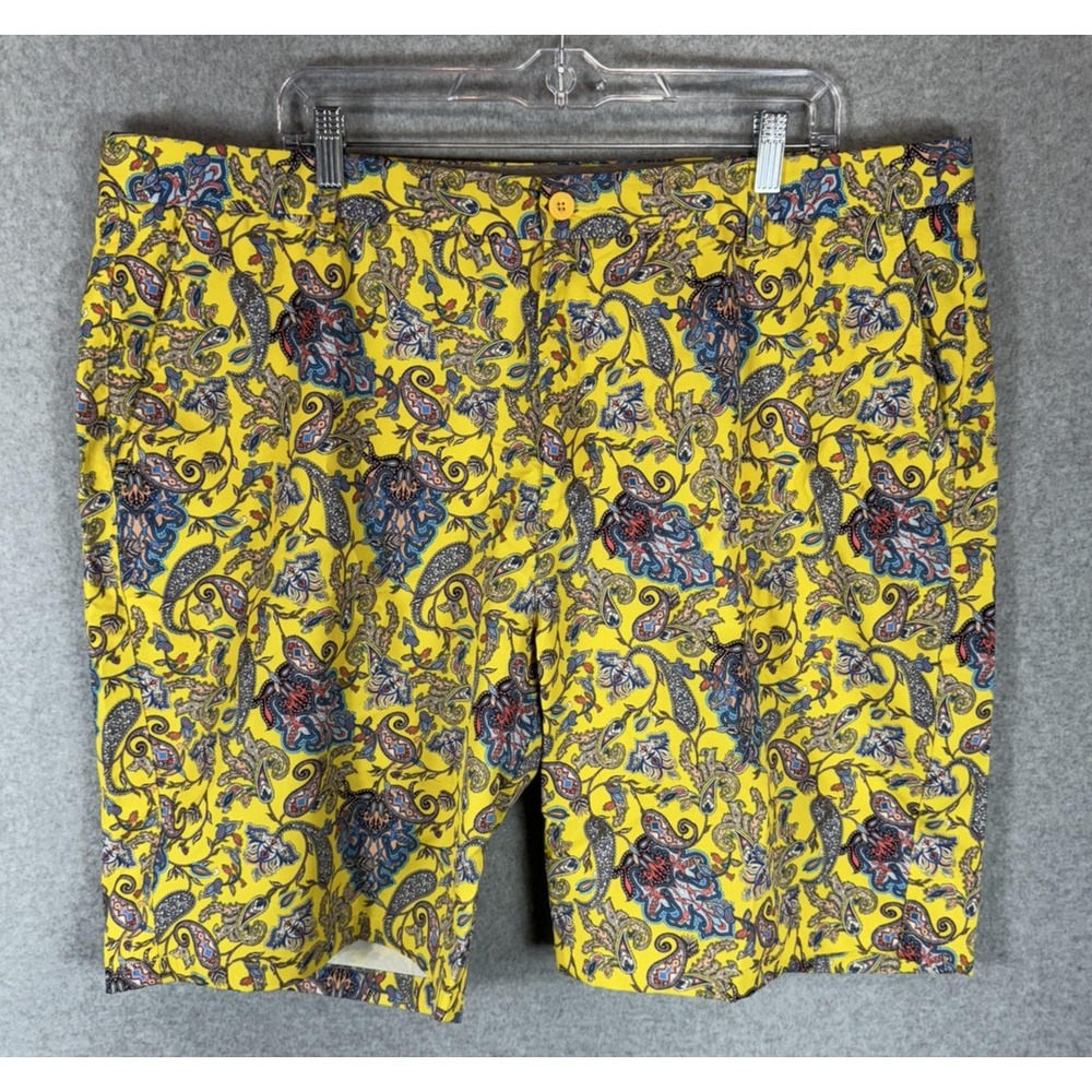 Hreski Shorts‎ Mens 42 Yellow Paisley Floral Print Summer Casual Stretch Pockets